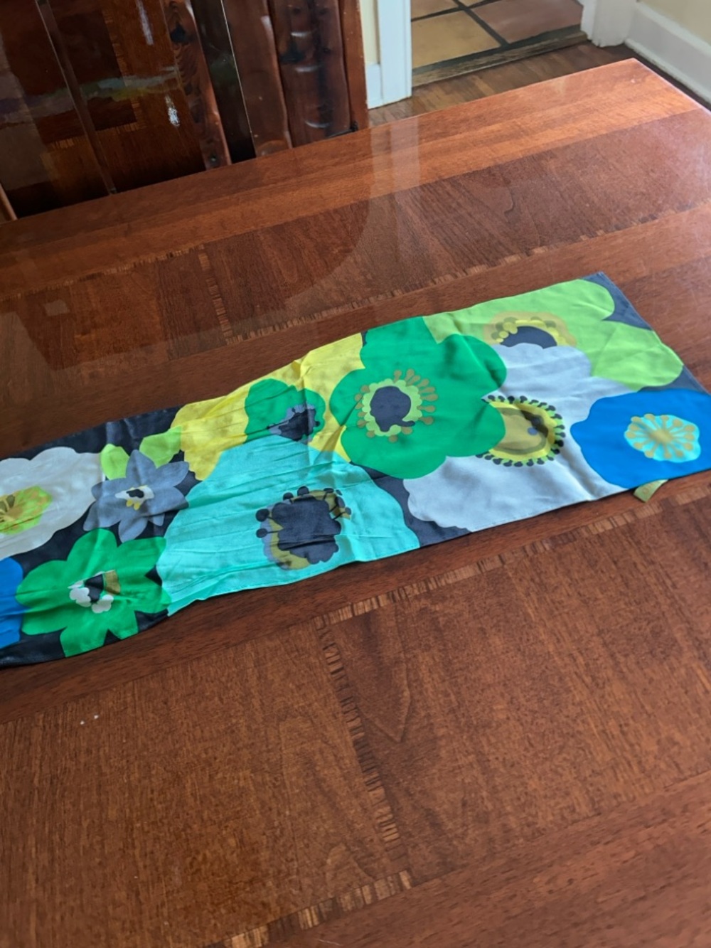 Echo Colorblock Floral Silk Scarf in Blue, Green & Yellow 10“ x 52“ - Picture 6 of 9